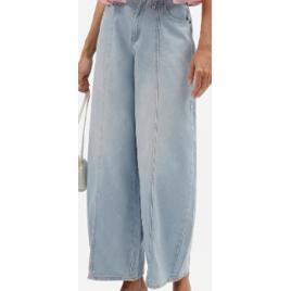 calça balloon feminina jeans com recortes cintura média azul