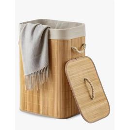 Cesto Roupa Bambu Retangular Dobrável Com Tampa Alças 60L