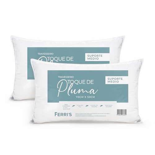 Kit 2 Travesseiros Toque de Pluma 50x70cm, Percal 180 Fios, Antialérgico, Antiácaro, Lavável, Ultra Macios e Confortáveis, Ideais para Sono Reparador e Decoração Elegante - Cor Branco
